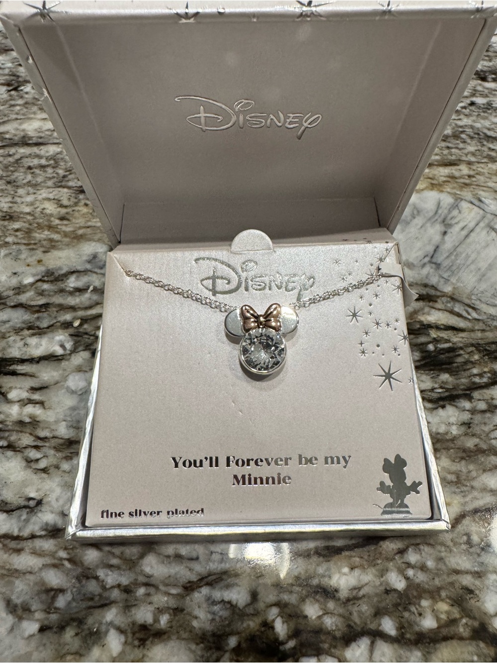 New Disney Silver Minnie Mouse Necklace with Rose Gold Bow and Clear Crystal